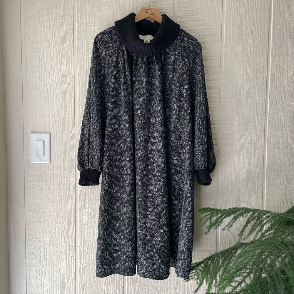 Corey Lynn Calter Cowl Neck dress in black. Knit cowl and sleeve cuffs